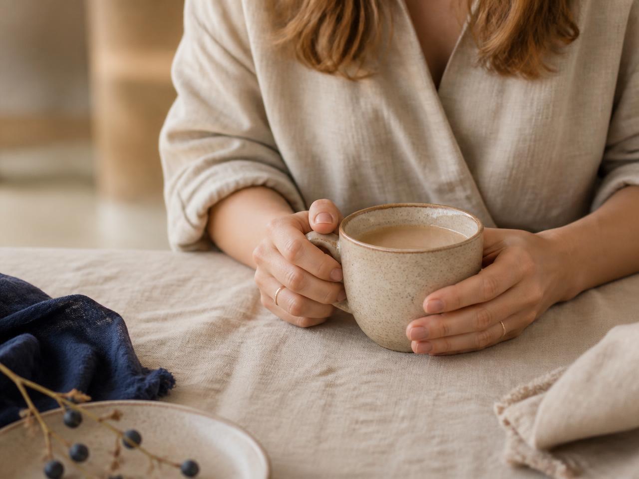 Rituel du matin, tasse tenue à deux mains